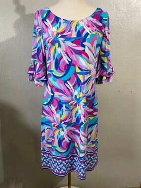 Pappagallo Shift Dress Ruffle Sleeve Bright Floral Print Colorful Womens Medium